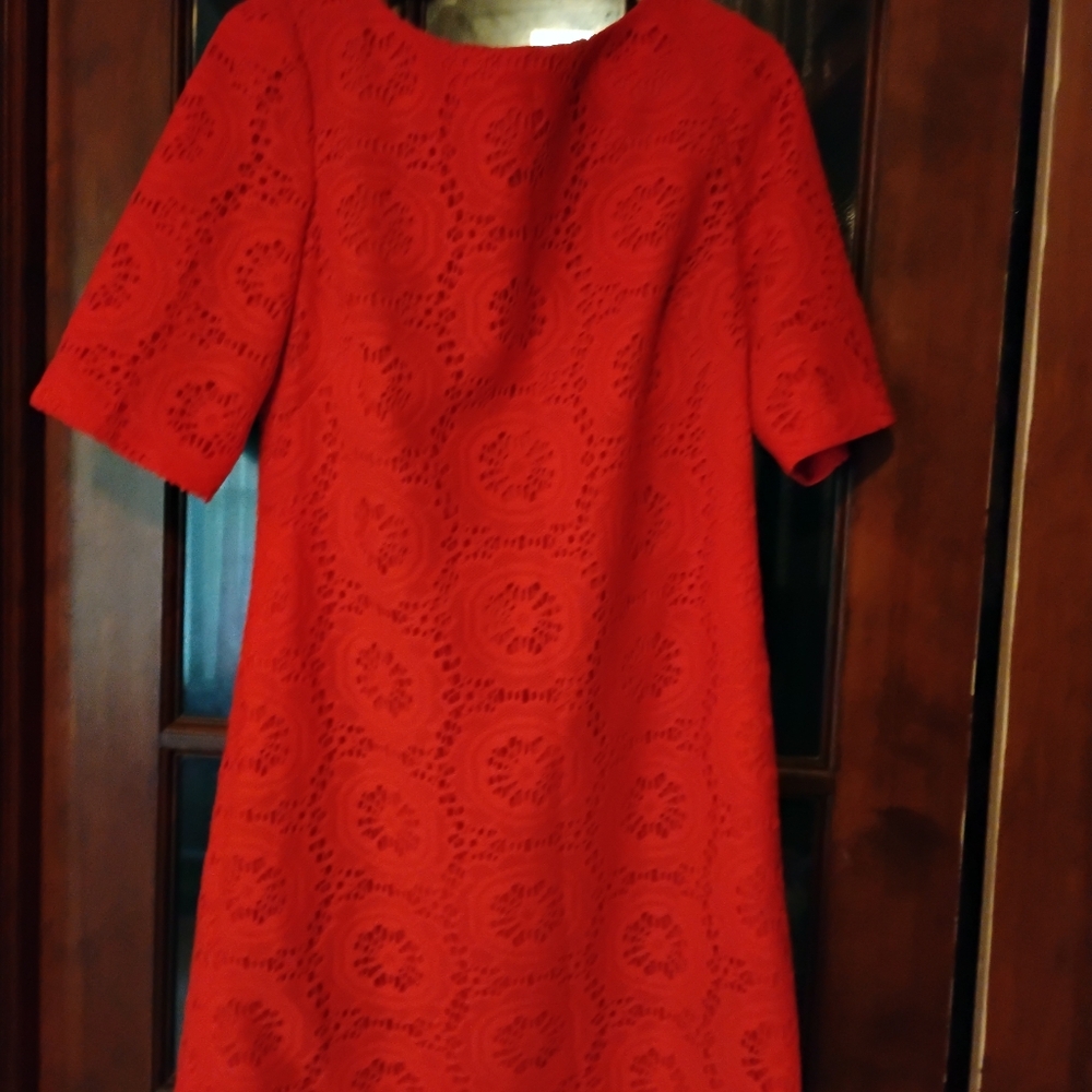 Adrianna Papell Red A-line Midi Dress Crew Neck Short Sleeve